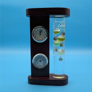 Wooden Desktop Weather Station Galileo Thermometer Quartz Clock Hygrometer